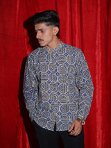 Royal Blue Geometric Printed Mandarin Collar Shirt for Men | Premium Casual Ethnic Shirt