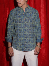 Royal Mosaic Print Mandarin Collar Shirt for Men | Blue Ethnic Full Sleeve Casual Shirt | Indo-Western Statement Fashion Shirt