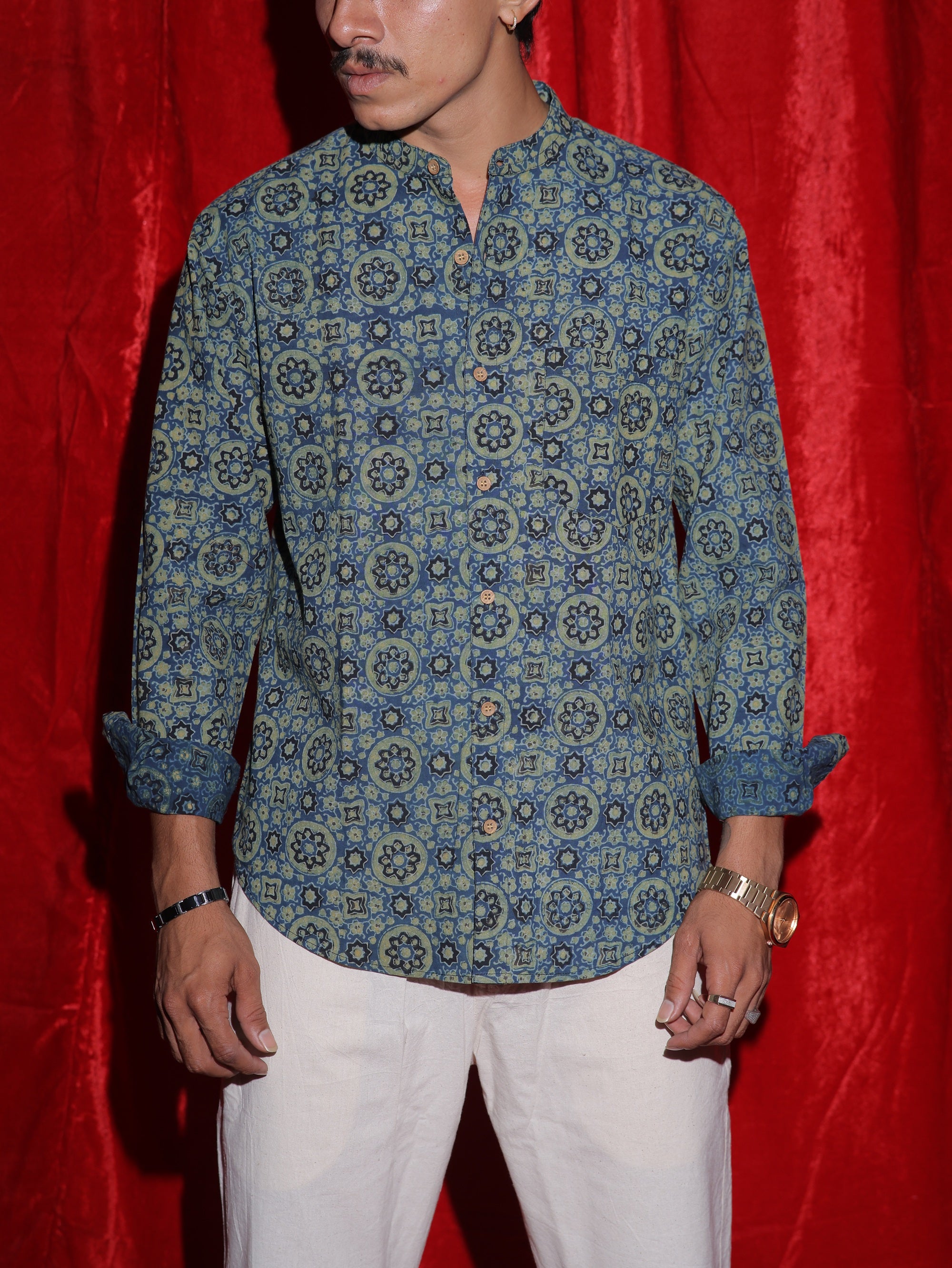 Royal Mosaic Print Mandarin Collar Shirt for Men | Blue Ethnic Full Sleeve Casual Shirt | Indo-Western Statement Fashion Shirt