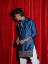 Men’s Royal Blue Embroidered Kurta Set with White Pajama | Luxury Festive Ethnic Wear for Men