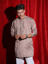Men’s Dusty Rose Floral Embroidered Kurta Set | Premium Festive Ethnic Wear with White Pajama