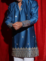 Men’s Royal Blue Embroidered Kurta Set with White Pajama | Luxury Festive Ethnic Wear for Men