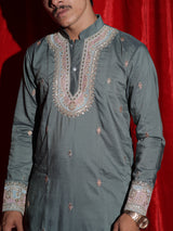 Men’s Sage Green Embroidered Kurta Set with White Pajama | Premium Festive Ethnic Wear for Men