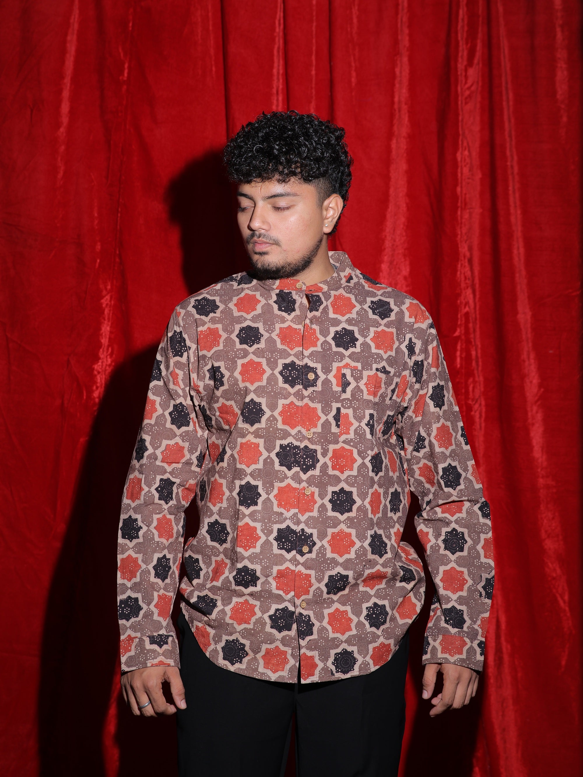 Geometric Ethnic Print Mandarin Collar Shirt for Men | Indo-Western Full Sleeve Casual Shirt | Vintage Pattern Fashion Shirt