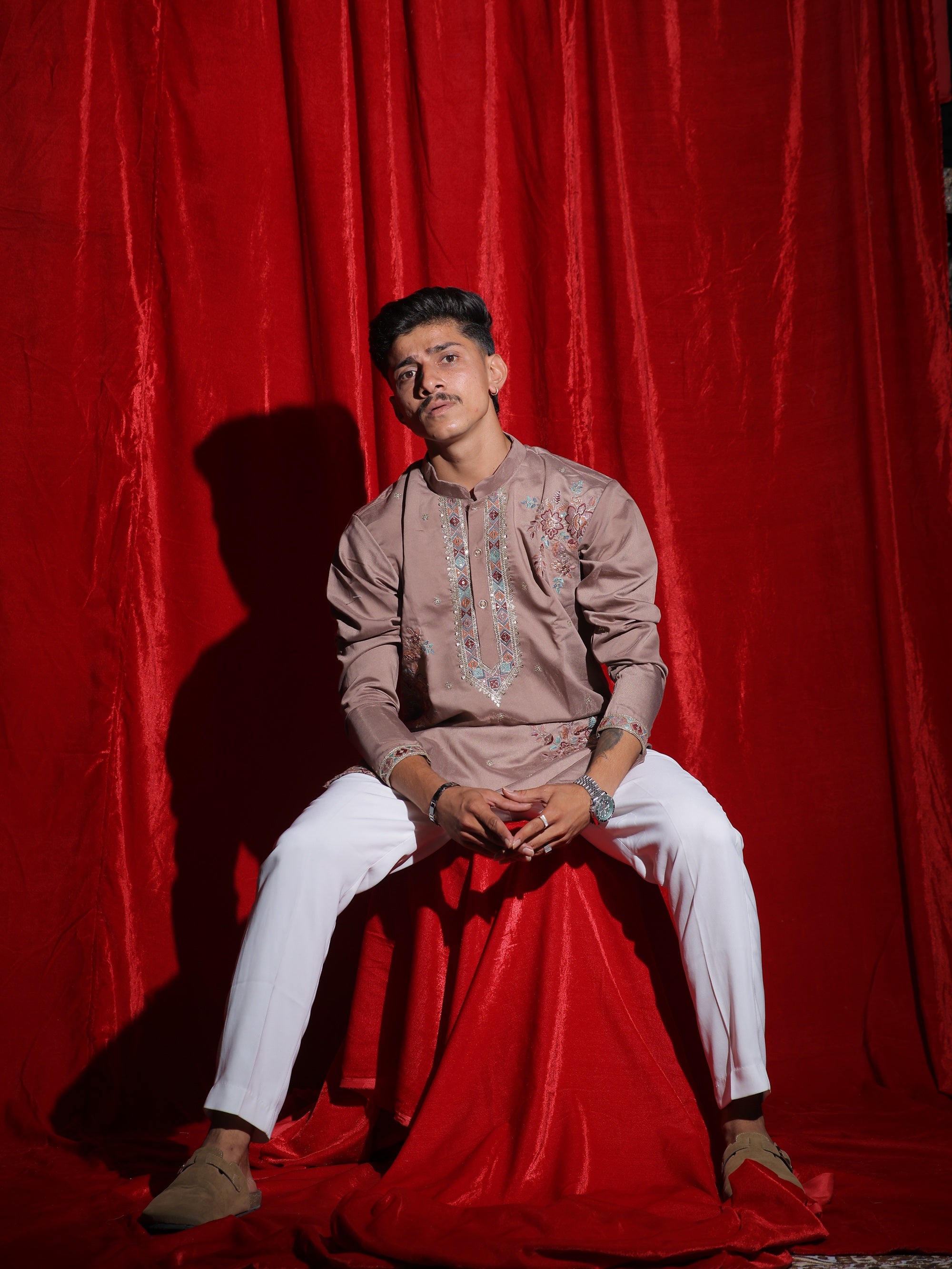 Men’s Dusty Rose Floral Embroidered Kurta Set | Premium Festive Ethnic Wear with White Pajama