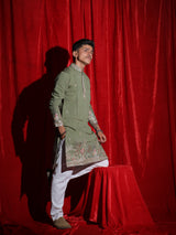 Men’s Olive Green Embroidered Kurta Set with White Pajama | Premium Festive Ethnic Wear