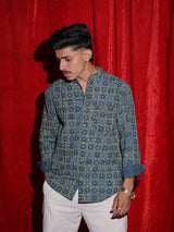 Royal Mosaic Print Mandarin Collar Shirt for Men | Blue Ethnic Full Sleeve Casual Shirt | Indo-Western Statement Fashion Shirt