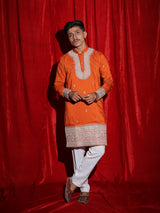 Vibrant Orange Embroidered Men’s Kurta | Premium Festive Ethnic Wear