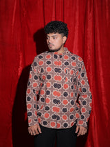 Geometric Ethnic Print Mandarin Collar Shirt for Men | Indo-Western Full Sleeve Casual Shirt | Vintage Pattern Fashion Shirt