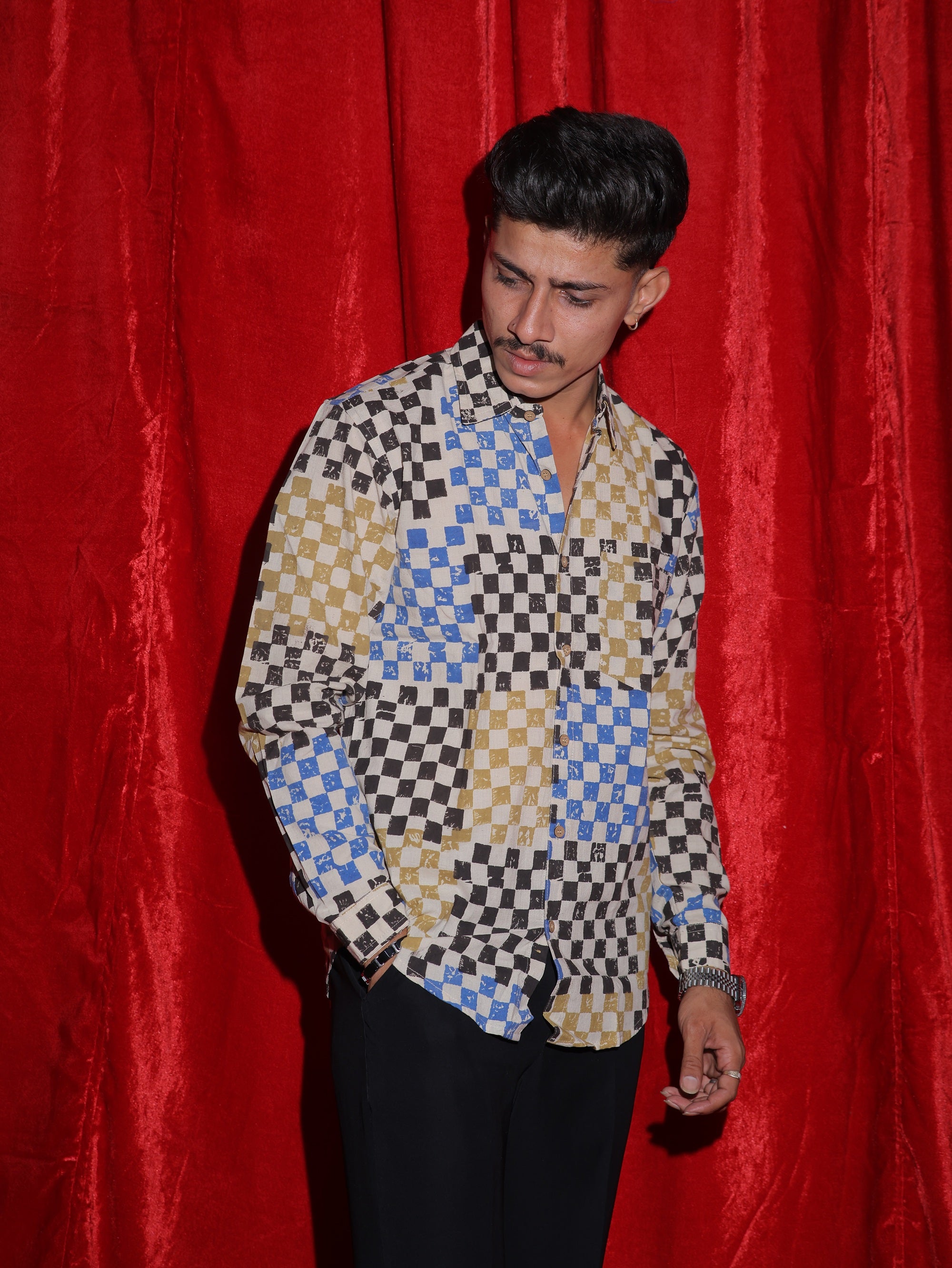 Retro Checkerboard Print Casual Shirt for Men | Multicolor Geometric Full Sleeve Shirt | Vintage Statement Fashion Shirt