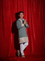 Men’s Sage Green Embroidered Kurta Set with White Pajama | Premium Festive Ethnic Wear for Men