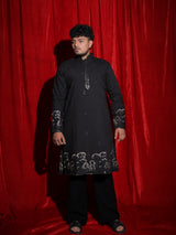 Midnight Black Embroidered Men’s Kurta Set | Luxury Festive Ethnic Wear