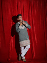 Men’s Sage Green Embroidered Kurta Set with White Pajama | Premium Festive Ethnic Wear for Men