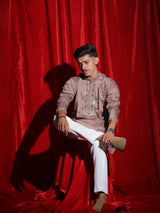 Men’s Dusty Rose Floral Embroidered Kurta Set | Premium Festive Ethnic Wear with White Pajama