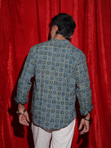 Royal Mosaic Print Mandarin Collar Shirt for Men | Blue Ethnic Full Sleeve Casual Shirt | Indo-Western Statement Fashion Shirt