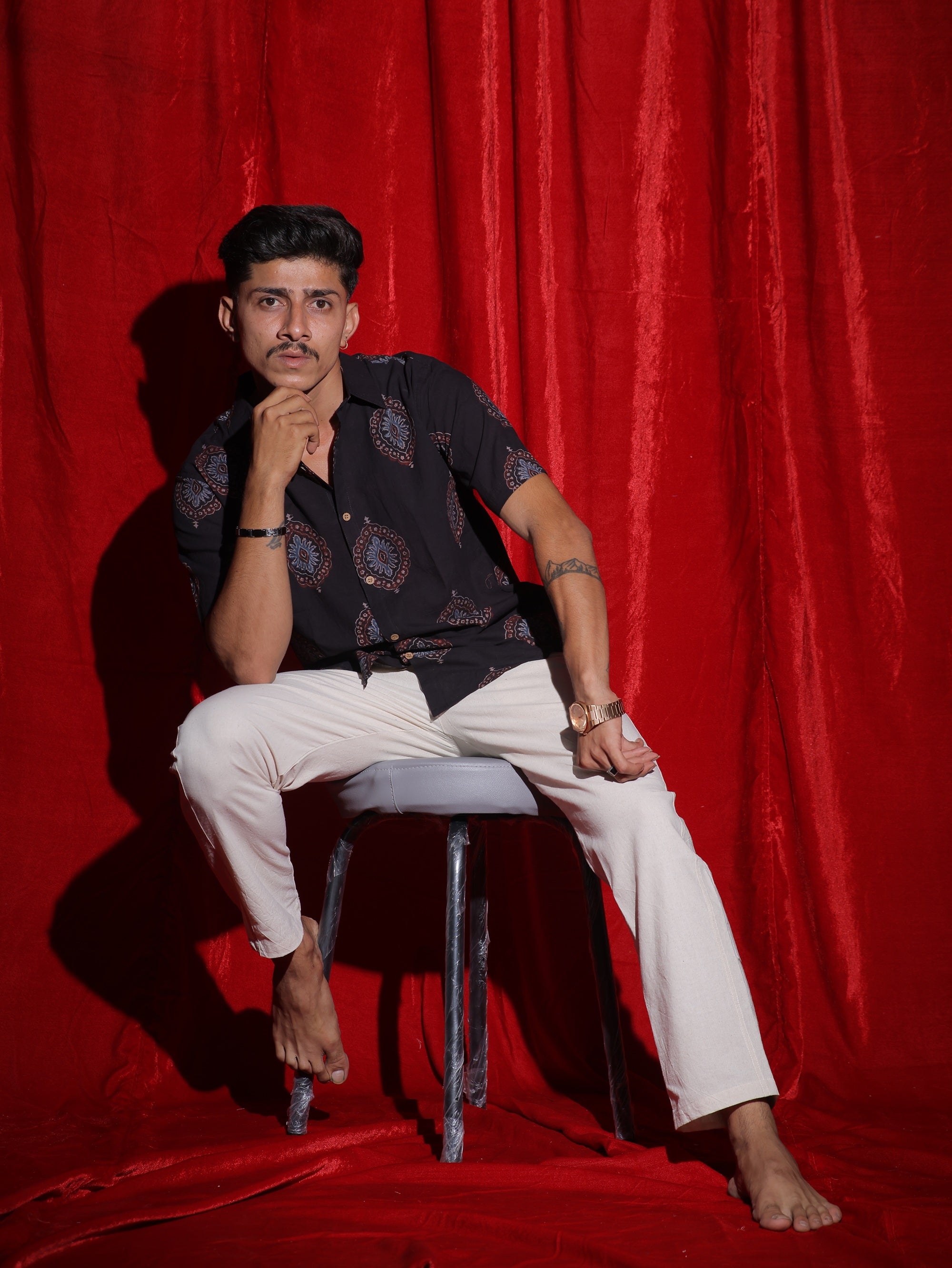 Royal Medallion Print Casual Shirt for Men | Black Ethnic Half Sleeve Shirt | Vintage Indo-Western Fashion Shirt