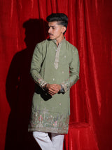 Men’s Olive Green Embroidered Kurta Set with White Pajama | Premium Festive Ethnic Wear