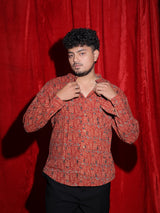 Ethnic Tribal Print Casual Shirt for Men | Rust Red Abstract Full Sleeve Shirt | Indo-Western Statement Fashion Shirt