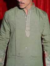 Men’s Olive Green Embroidered Kurta Set with White Pajama | Premium Festive Ethnic Wear