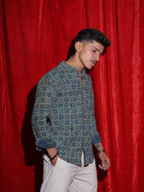 Royal Mosaic Print Mandarin Collar Shirt for Men | Blue Ethnic Full Sleeve Casual Shirt | Indo-Western Statement Fashion Shirt