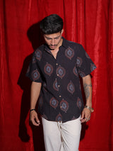 Royal Medallion Print Casual Shirt for Men | Black Ethnic Half Sleeve Shirt | Vintage Indo-Western Fashion Shirt