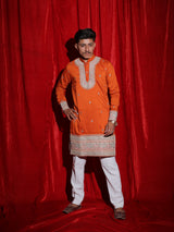 Vibrant Orange Embroidered Men’s Kurta | Premium Festive Ethnic Wear