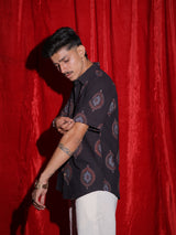 Royal Medallion Print Casual Shirt for Men | Black Ethnic Half Sleeve Shirt | Vintage Indo-Western Fashion Shirt