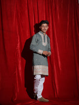 Men’s Sage Green Embroidered Kurta Set with White Pajama | Premium Festive Ethnic Wear for Men