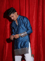 Men’s Royal Blue Embroidered Kurta Set with White Pajama | Luxury Festive Ethnic Wear for Men