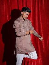 Men’s Dusty Rose Floral Embroidered Kurta Set | Premium Festive Ethnic Wear with White Pajama