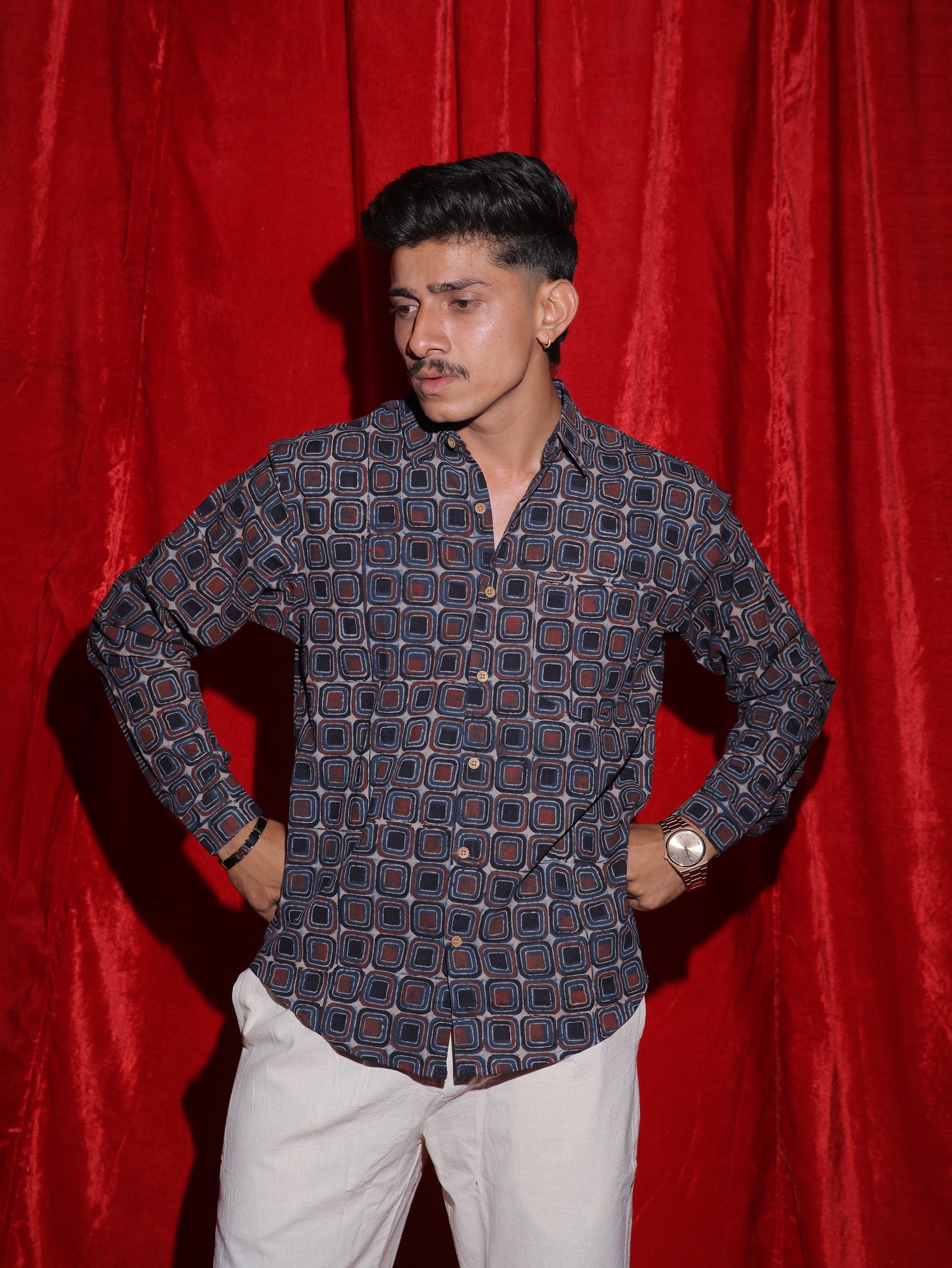 Retro Geometric Print Casual Shirt for Men | Vintage Square Pattern Full Sleeve Shirt | Modern Statement Fashion Shirt