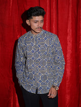 Royal Blue Geometric Printed Mandarin Collar Shirt for Men | Premium Casual Ethnic Shirt