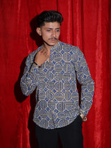Royal Blue Geometric Printed Mandarin Collar Shirt for Men | Premium Casual Ethnic Shirt