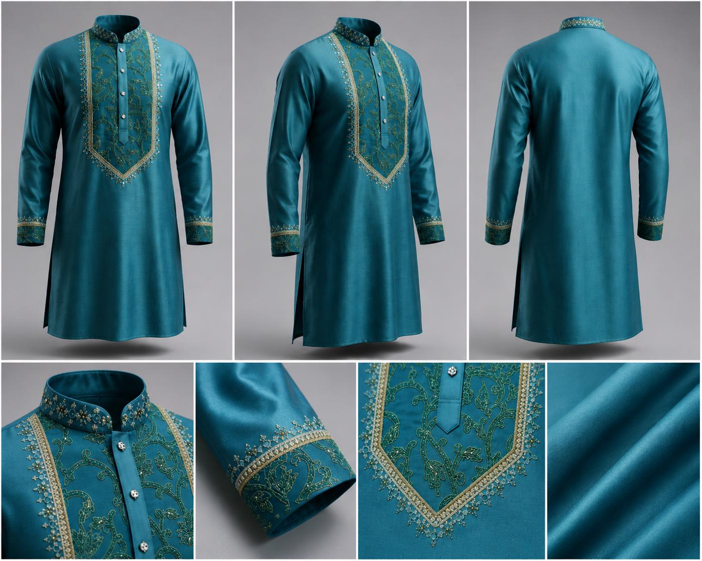 Teal Embroidered Silk Kurta for Men | Premium Festive Ethnic Wear with Intricate Thread Work | Wedding & Celebration Kurta